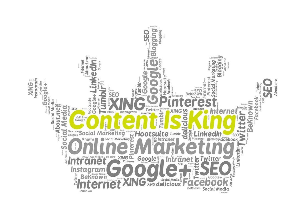 Word infographic including content is king and online marketing.